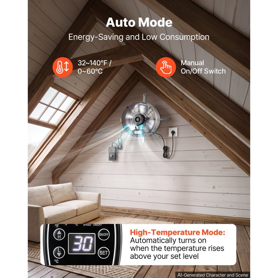 VEVOR Gable Mount Fan, 38 cm Gable Attic Vent Exhaust Fan with Thermostat, 1300 CFM Cooling and Ventilation for Home, Garage, Warehouses, Workshops, Carbon Steel Housing with Mounting Brackets, Silver
