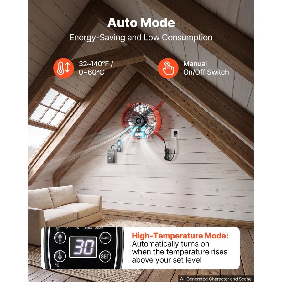 VEVOR Gable Mount Fan, 38.1 cm Attic Vent Exhaust Fan 1650 CFM Thermostat, Cooling and Ventilation for Home, Garage, Warehouse, Workshop, Carbon Steel Housing with Mounting Brackets & Hardware, Orange