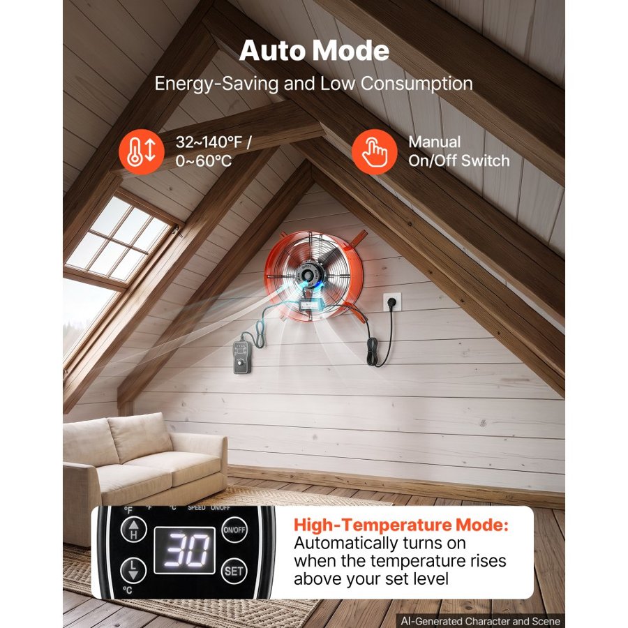 VEVOR Gable Mount Fan, 40.6 cm Attic Vent Exhaust Fan 1945 CFM Thermostat, Cooling and Ventilation for Home, Garage, Warehouse, Workshop, Carbon Steel Housing with Mounting Brackets & Hardware, Orange