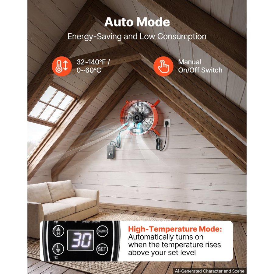 VEVOR Gable Mount Fan, 40.6 cm Attic Vent Exhaust Fan 2940 CFM Thermostat, Cooling and Ventilation for Home, Garage, Warehouse, Workshop, Carbon Steel Housing with Mounting Brackets & Hardware, Orange