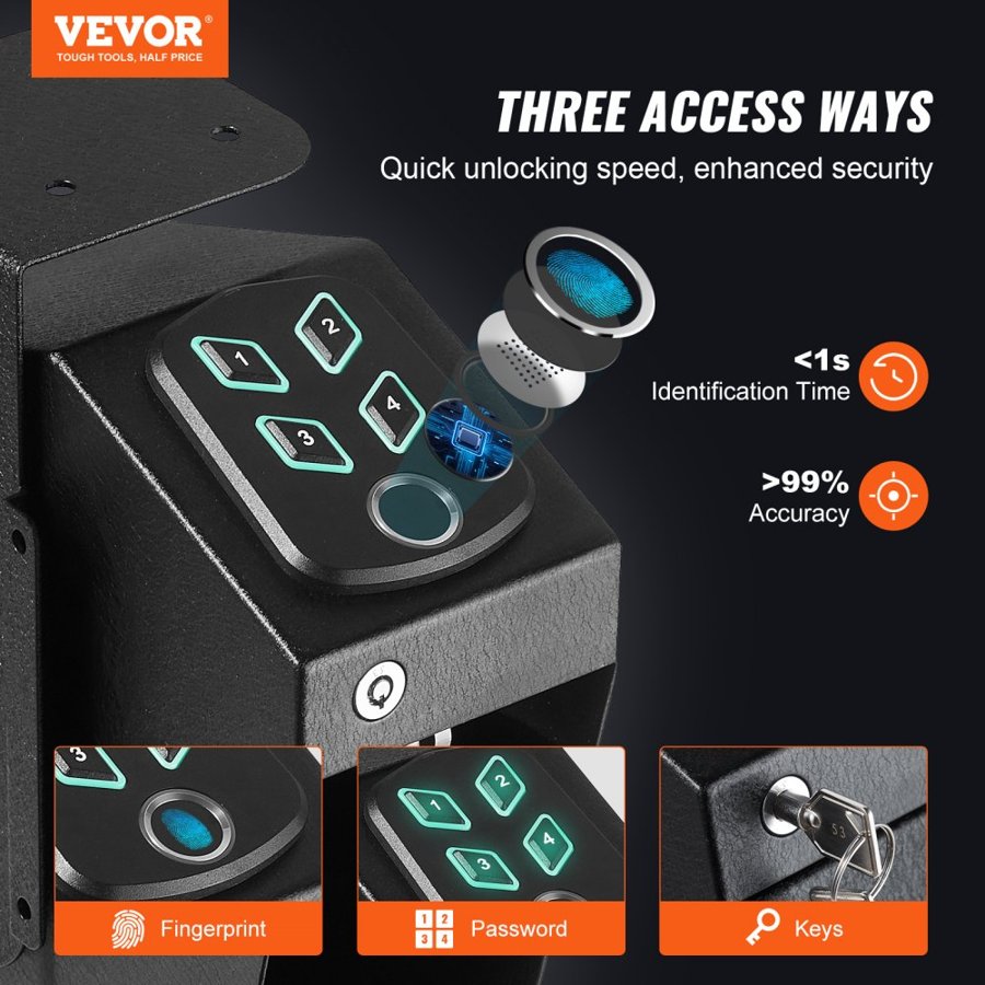 VEVOR Mounted Gun Safe for Pistols Biometric Gun Safe 3 Access Ways for 1 Pistol
