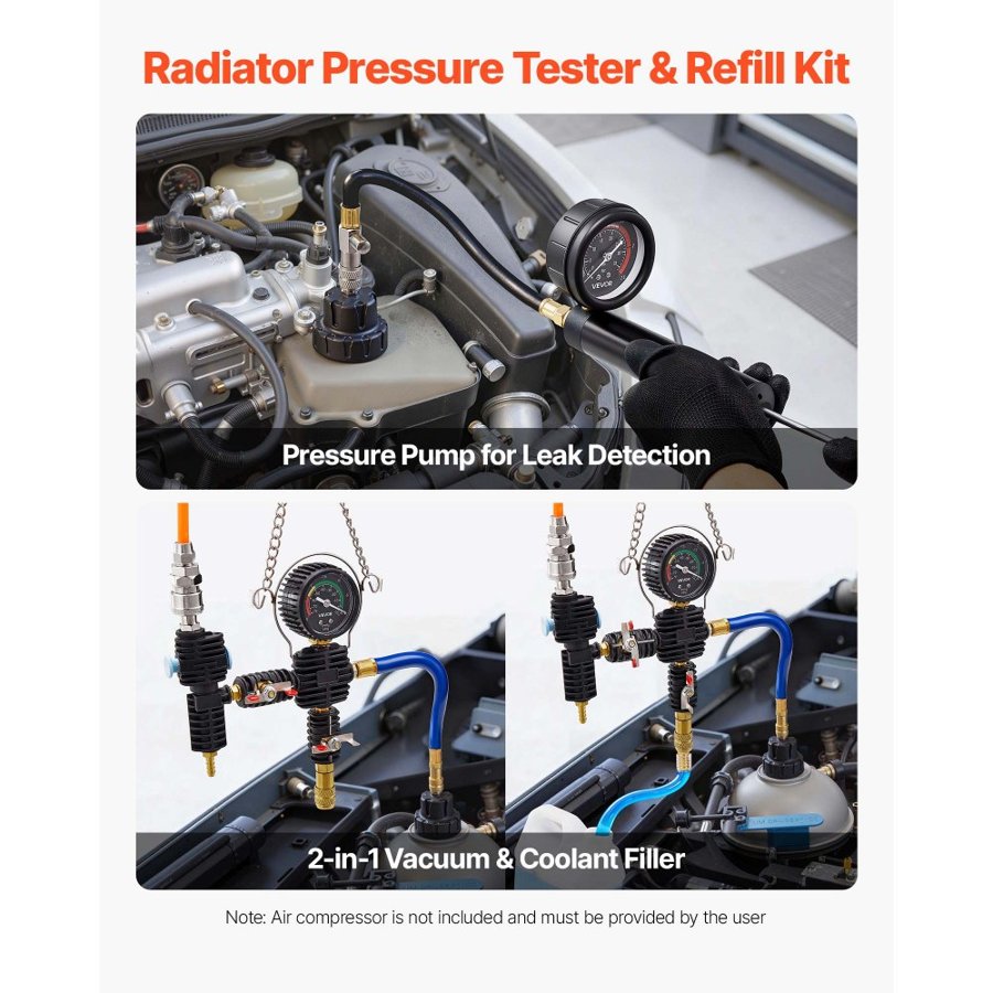 VEVOR Coolant Pressure Tester Kit, 31Pcs Radiator Vacuum Refill Kit with 3 Metal Adapters, Universal Fit, Automotive Cooling System Pressure Tester Tool, with Pressure Pump & Plastic Filler