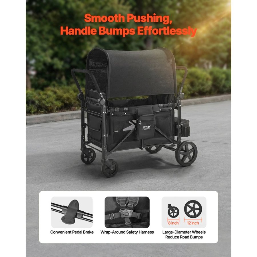 VEVOR Wagon Stroller for 4 Kids, Push Pull Quad Collapsible Stroller with Adjustable Handle, 5-Point Safety Harness & Removable Canopy, 4-Seater Stroller Wagon for Camping, Black (330LBS Loading)