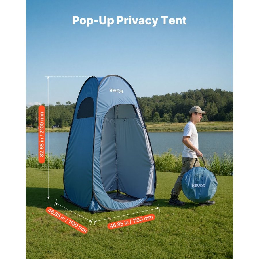 VEVOR Pop up Shower Tent, Instant Portable Privacy Tent Changing Room with Ground Stakes, Ropes, and Carry Bag, 190T Polyester with Silver Coating, Quick Setup, for Camping, Beach, Fishing, Blue