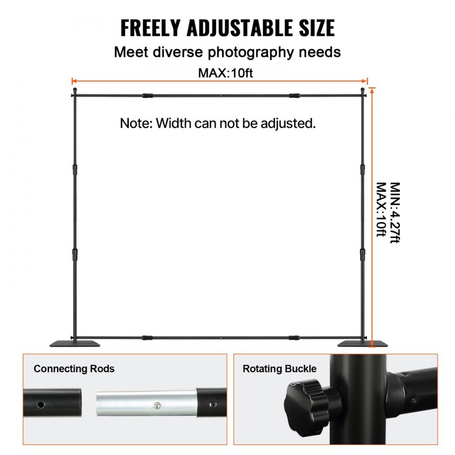 VEVOR 304.8 x 304.8 cm Pipe and Drape Kit, Heavy Duty Backdrop Stand with Carbon Steel Base, Adjustable Backdrop Support with 6 Clamps and A Carry Bag for Wedding, Party, Event, Photography, and Exhibition