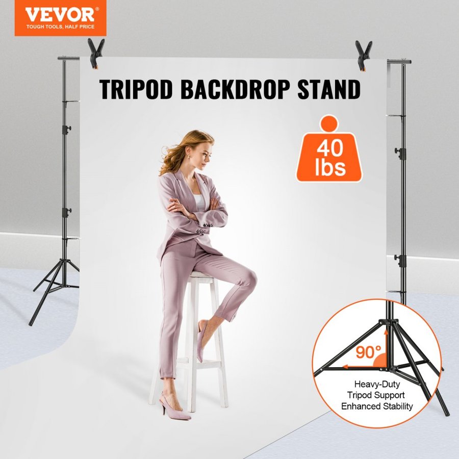 VEVOR 365.7 x 304.8 cm Heavy Duty Backdrop Stand, Height Adjustable Photography Backdrop Stand, Background Support System with 6 Clamps and A Carry Bag, for Party, Wedding, Display, Photo