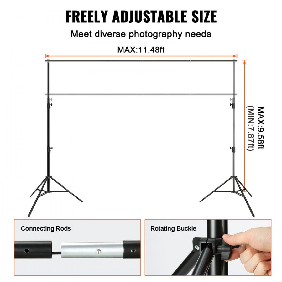 VEVOR 365.7 x 304.8 cm Heavy Duty Backdrop Stand, Height Adjustable Photography Backdrop Stand, Background Support System with 6 Clamps and A Carry Bag, for Party, Wedding, Display, Photo