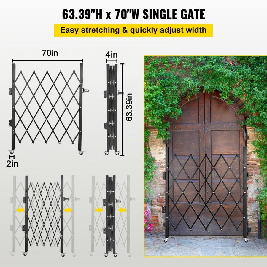 VEVOR Single Folding Security Gate, 180 × 161 cm(W × H) Folding Door Gate, Steel Accordion Security Gate, Flexible Expanding Security Gate, 360° Rolling Barricade Gate, Scissor Gate/Door with Padlock