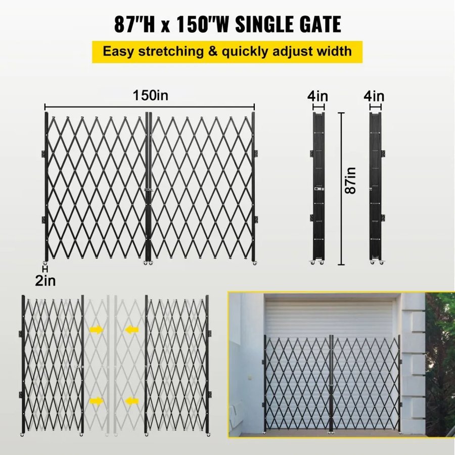 VEVOR Double Folding Security Gate, 382 × 214 cm(W × H) W Folding Door Gate, Steel Accordion Security Gate, Flexible Expanding Security Gate, 360° Rolling Barricade Gate, Scissor Gate or Door with Keys