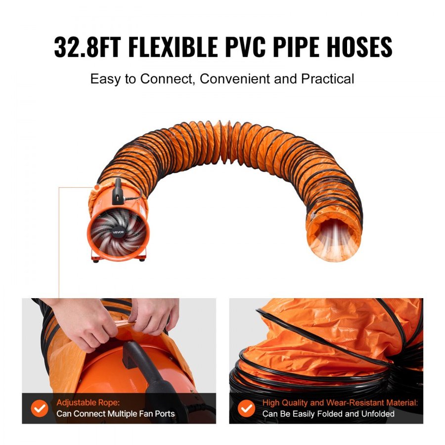VEVOR 25.4cm Portable Ventilator, 2 Speed Industrial Utility Blower Fan with 10m Flexible Duct Hose, Exhaust Axial Fan for Basements, Workshops, Warehouses , and Confined Spaces, Orange
