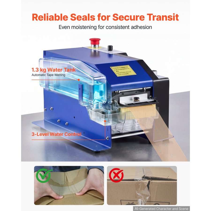 VEVOR Water-Activated Tape Dispenser, Automatic Kraft Gummed Tape Dispenser, 100–995mm Adjustable Length, 40–100mm Tape Width, 220V Electric Water-Activated Tape Cutter for Carton Sealing, Box Packing