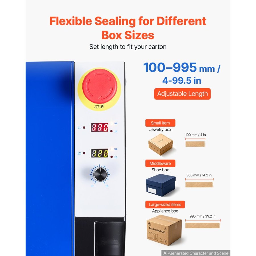 VEVOR Water-Activated Tape Dispenser, Automatic Kraft Gummed Tape Dispenser, 100–995mm Adjustable Length, 40–100mm Tape Width, 220V Electric Water-Activated Tape Cutter for Carton Sealing, Box Packing