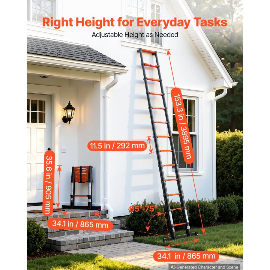 VEVOR Telescoping Ladder, 380 cm Extension Ladder One-Button Retraction, Heavy-Duty 150 kg Capacity, for Home Repairs, Painting, Window Cleaning and RV, Aluminum, Anti-Slip Steps, Orange & Black