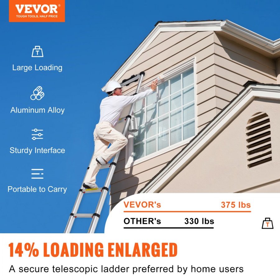 VEVOR Telescoping Ladder, 320 cm Aluminum One-button Retraction Collapsible Extension Ladder, 170.1 kg Capacity w/ Non-slip Feet, Portable Multi-purpose Compact Ladder for Home, RV, Loft, ANSI Listed