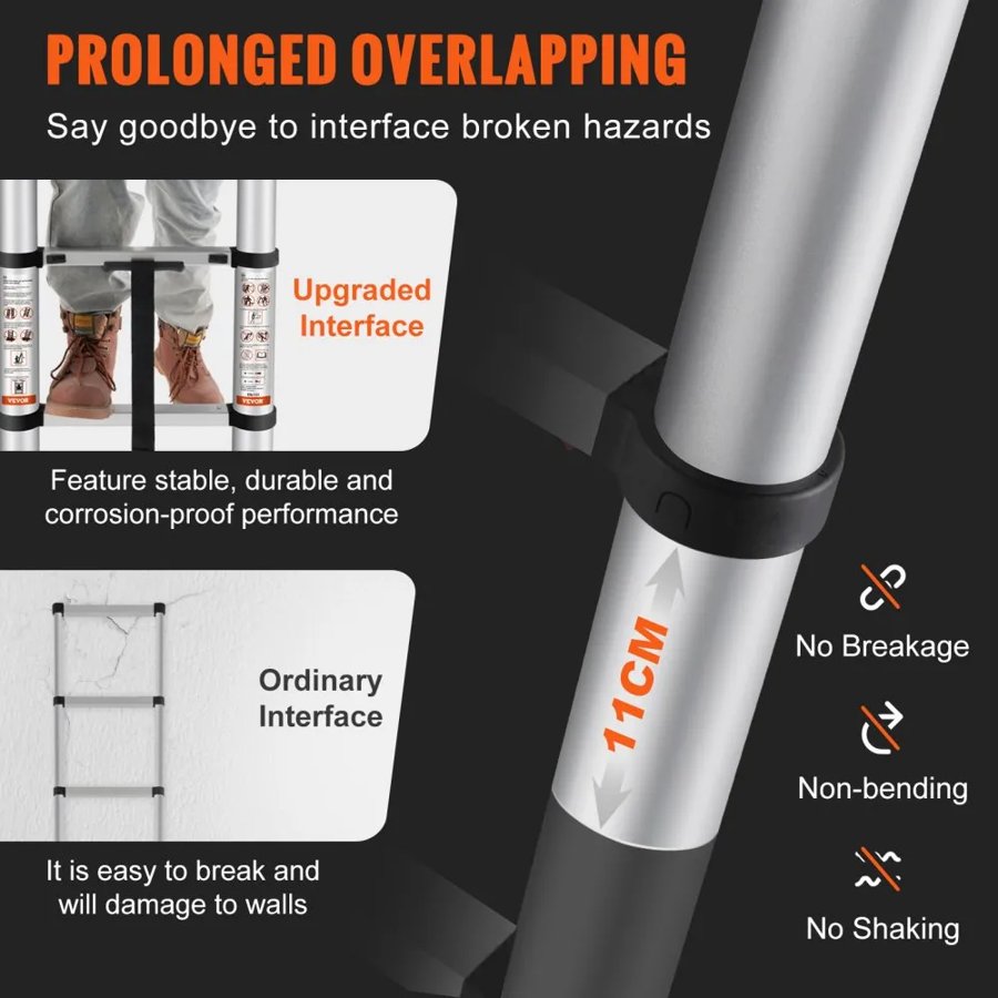 VEVOR Telescoping Ladder, 320 cm Aluminum One-button Retraction Collapsible Extension Ladder, 170.1 kg Capacity w/ Non-slip Feet, Portable Multi-purpose Compact Ladder for Home, RV, Loft, ANSI Listed
