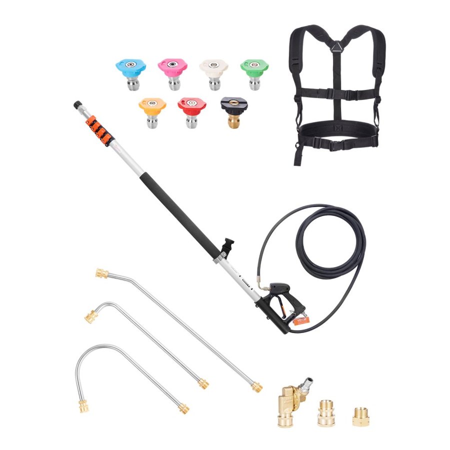 VEVOR Pressure Washer Telescoping Wand, 24 ft, 4000 psi, Telescopic Spray Wand with Power Washer Extension Wands, Gutter Cleaner, Pivoting Coupler, 7 Spray Nozzle Tips and Adjustable Support Harness
