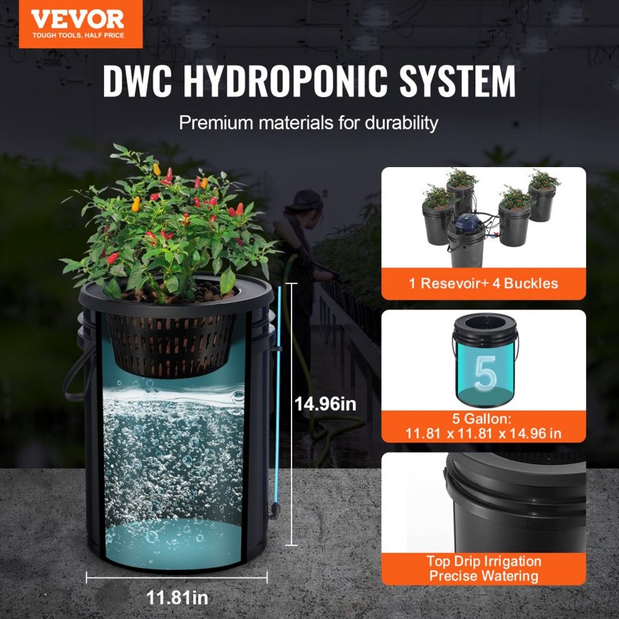 VEVOR RDWC Hydroponics System Recirculating Deep Water Culture 4 Buckets 18.9 L
