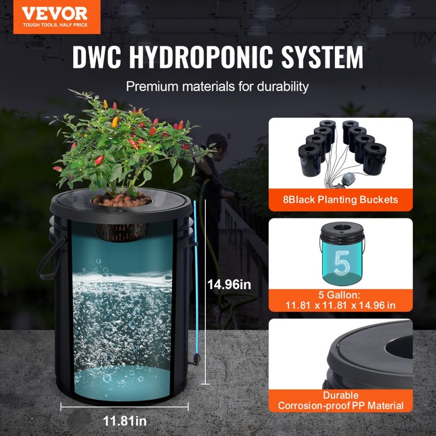 VEVOR DWC Hydroponics Grow System, Hydroponic Growing System, Deep Water Culture 5-Gallon 8 Buckets, DWC System with Air Pump, Air Stones and Water Level Device for Leafy Vegetables