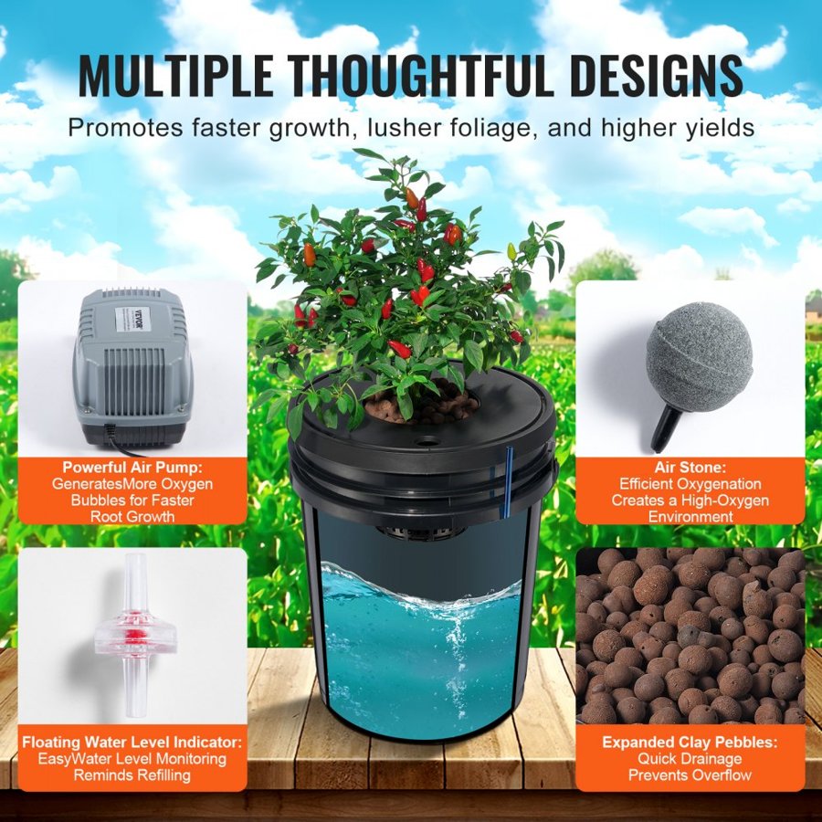VEVOR DWC Hydroponics Grow System, Hydroponic Growing System, Deep Water Culture 5-Gallon 8 Buckets, DWC System with Air Pump, Air Stones and Water Level Device for Leafy Vegetables