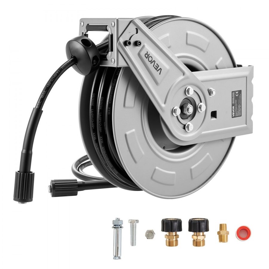 VEVOR Pressure Washer Hose Reel, 19.8 m x 6.4 mm Retractable Power Heavy-Duty Steel Washer Hose Reel, 3200PSI Max, Auto-Rewinding, Flexible Wall/Floor Mounted for Car Washing,Garden,Floor Cleaning