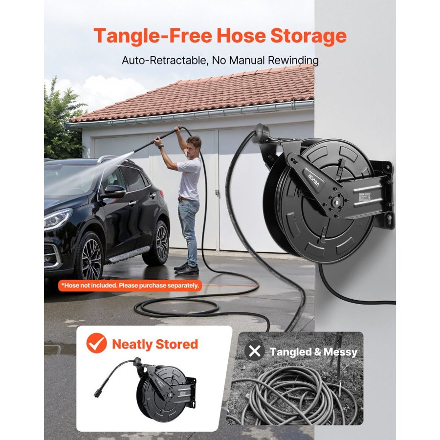 VEVOR Pressure Washer Hose Reel, 15.2 m x 9.5 mm Retractable Power Heavy-Duty Steel Washer Hose Reel, 4000PSI Max, Auto-Rewinding, Flexible Wall/Floor Mounted for Car Washing,Garden,Floor Cleaning