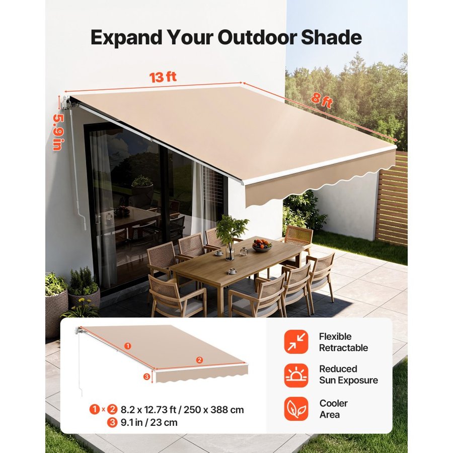 VEVOR Manual Retractable Awning, 13 x 8 ft Outdoor Patio Awning Retractable Sun Shade, Water-Resistant Polyester Patio Door Window Awning Sunshade Shelter with Crank Handle for Backyard, Balcony