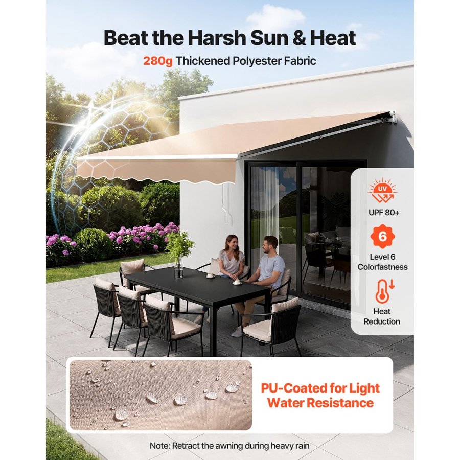 VEVOR Manual Retractable Awning, 13 x 8 ft Outdoor Patio Awning Retractable Sun Shade, Water-Resistant Polyester Patio Door Window Awning Sunshade Shelter with Crank Handle for Backyard, Balcony