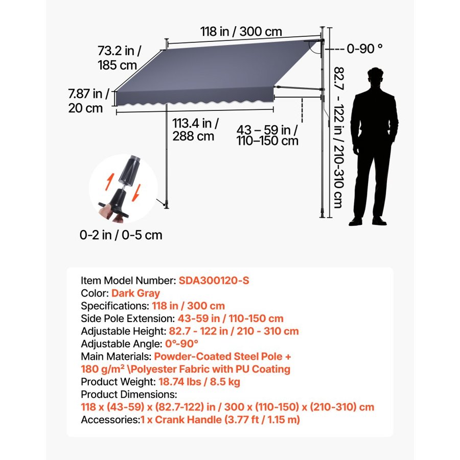 VEVOR Manual Retractable Awning, 300 cm Outdoor Retractable Patio Awning Sunshade Shelter, Height Adjustable Patio Door Window Canopy with Manual Crank Handle for Backyard, Garden, Balcony, Dark Gray