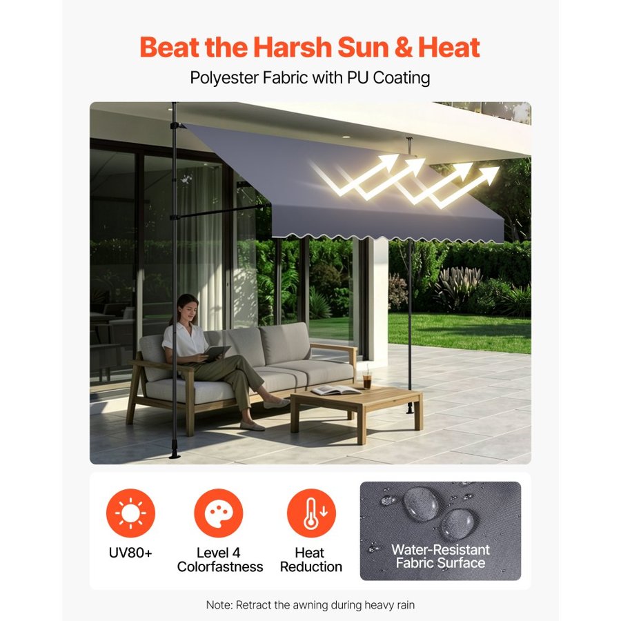 VEVOR Manual Retractable Awning, 300 cm Outdoor Retractable Patio Awning Sunshade Shelter, Height Adjustable Patio Door Window Canopy with Manual Crank Handle for Backyard, Garden, Balcony, Dark Gray