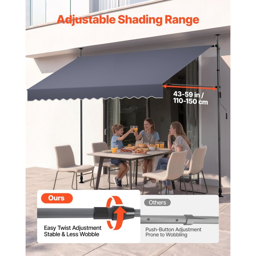 VEVOR Manual Retractable Awning, 300 cm Outdoor Retractable Patio Awning Sunshade Shelter, Height Adjustable Patio Door Window Canopy with Manual Crank Handle for Backyard, Garden, Balcony, Dark Gray
