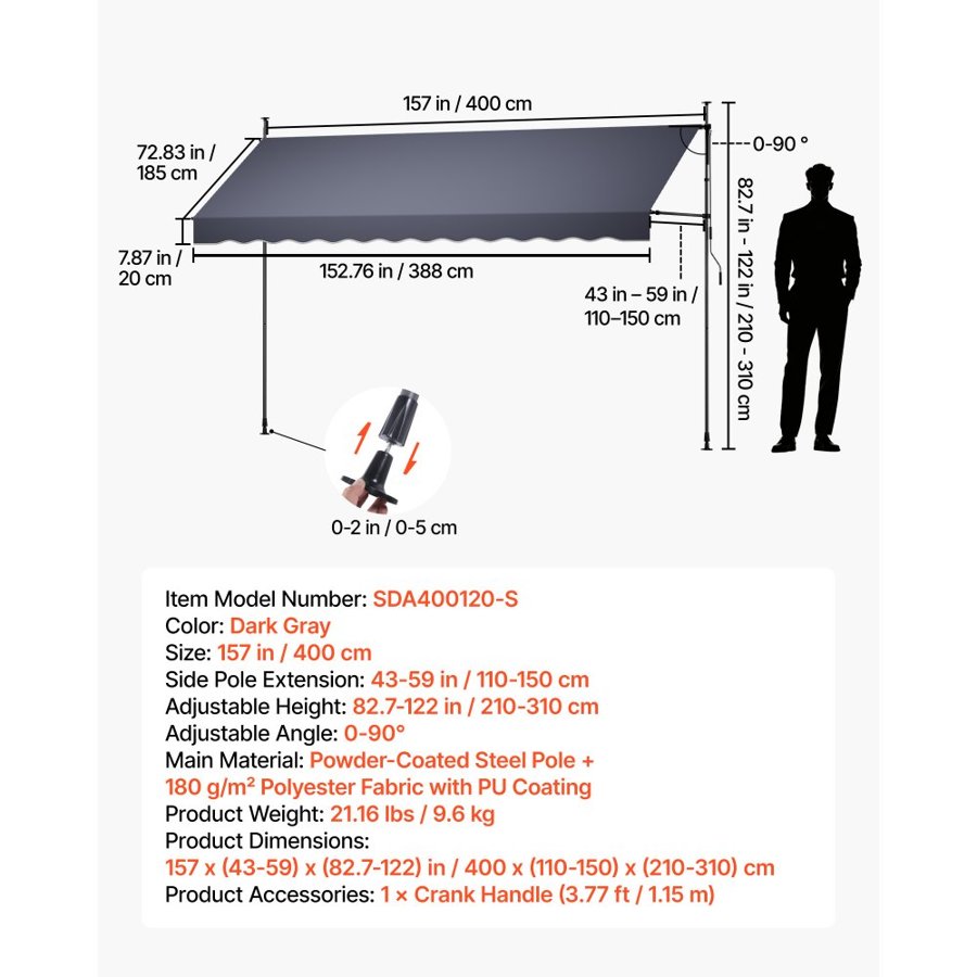 VEVOR Manual Retractable Awning, 400 cm Outdoor Retractable Patio Awning Sunshade Shelter, Height Adjustable Patio Door Window Canopy with Manual Crank Handle for Backyard, Garden, Balcony, Dark Gray