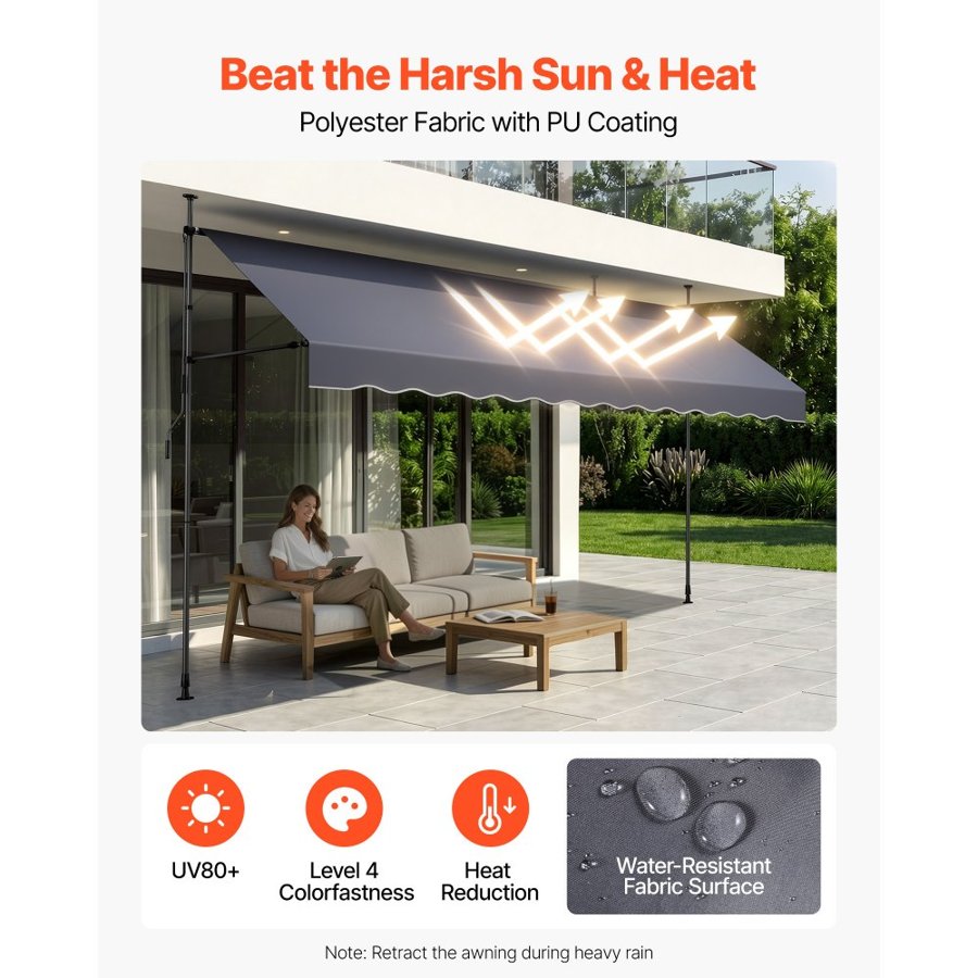 VEVOR Manual Retractable Awning, 400 cm Outdoor Retractable Patio Awning Sunshade Shelter, Height Adjustable Patio Door Window Canopy with Manual Crank Handle for Backyard, Garden, Balcony, Dark Gray