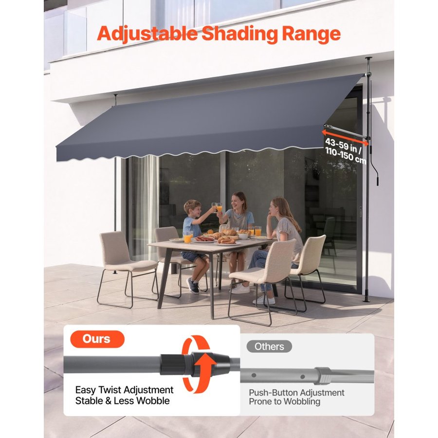 VEVOR Manual Retractable Awning, 400 cm Outdoor Retractable Patio Awning Sunshade Shelter, Height Adjustable Patio Door Window Canopy with Manual Crank Handle for Backyard, Garden, Balcony, Dark Gray