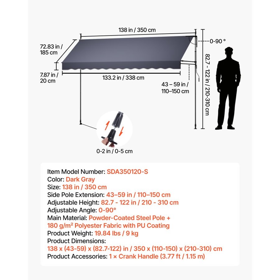 VEVOR Manual Retractable Awning, 350 cm Outdoor Retractable Patio Awning Sunshade Shelter, Height Adjustable Patio Door Window Canopy with Manual Crank Handle for Backyard, Garden, Balcony, Dark Gray
