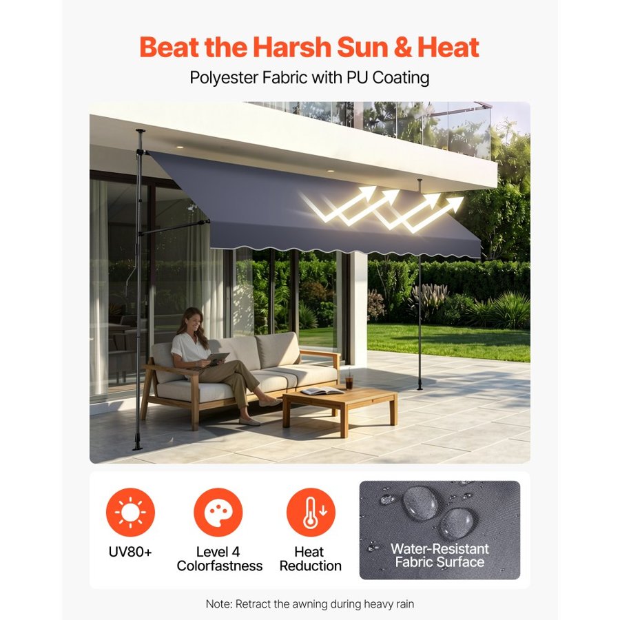 VEVOR Manual Retractable Awning, 350 cm Outdoor Retractable Patio Awning Sunshade Shelter, Height Adjustable Patio Door Window Canopy with Manual Crank Handle for Backyard, Garden, Balcony, Dark Gray