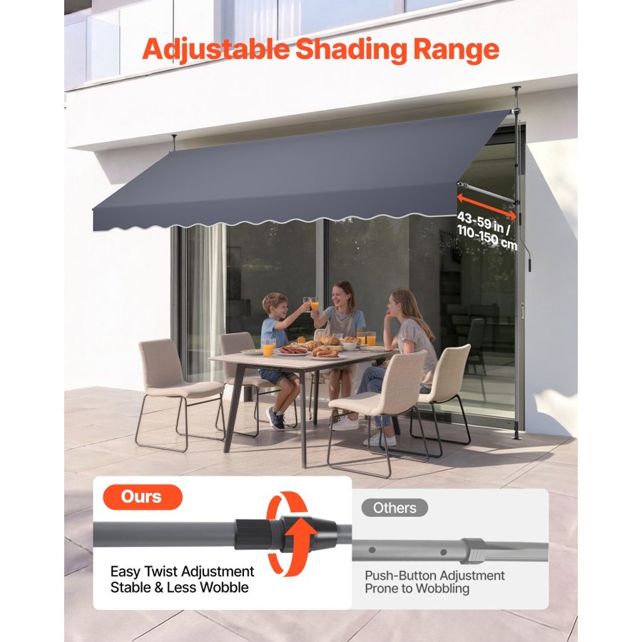 VEVOR Manual Retractable Awning, 350 cm Outdoor Retractable Patio Awning Sunshade Shelter, Height Adjustable Patio Door Window Canopy with Manual Crank Handle for Backyard, Garden, Balcony, Dark Gray