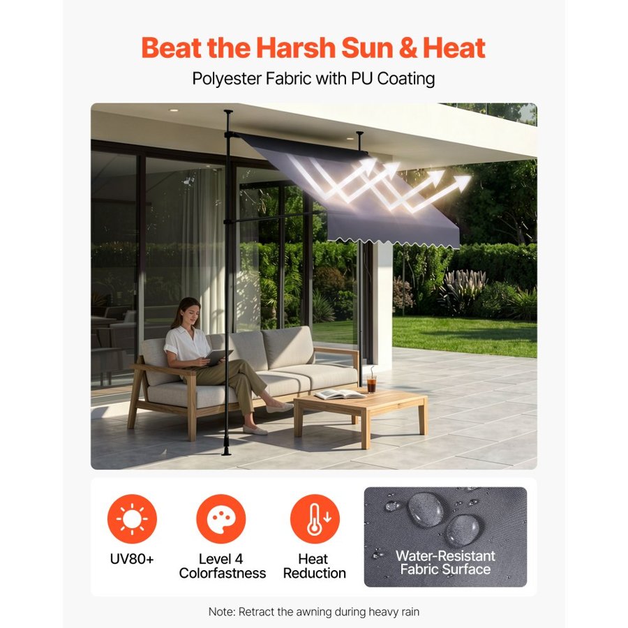 VEVOR Manual Retractable Awning, 150 cm Outdoor Retractable Patio Awning Sunshade Shelter, Height Adjustable Patio Door Window Canopy with Manual Crank Handle for Backyard, Garden, Balcony, Dark Gray