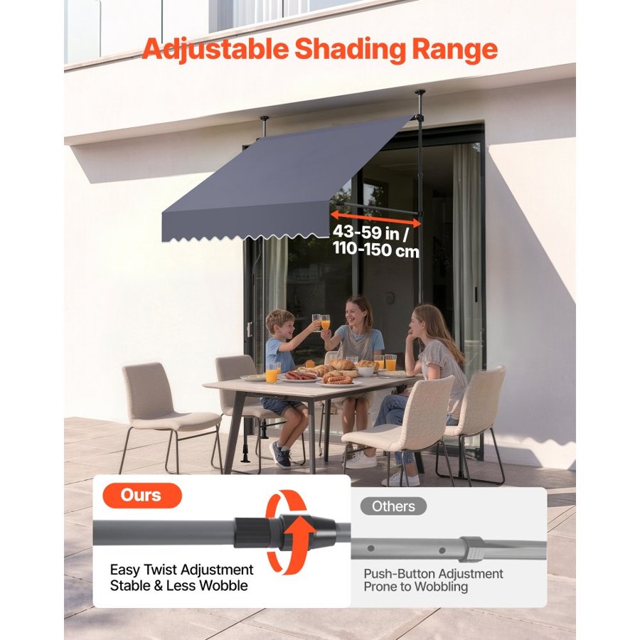 VEVOR Manual Retractable Awning, 150 cm Outdoor Retractable Patio Awning Sunshade Shelter, Height Adjustable Patio Door Window Canopy with Manual Crank Handle for Backyard, Garden, Balcony, Dark Gray