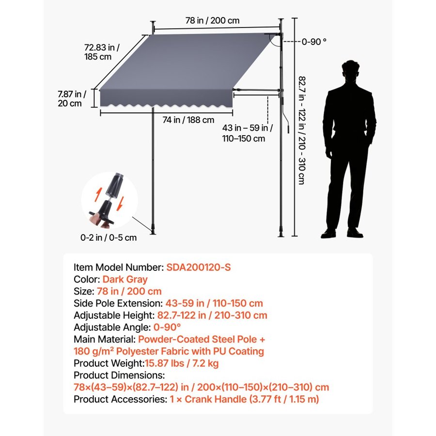 VEVOR Manual Retractable Awning, 200 cm Outdoor Retractable Patio Awning Sunshade Shelter, Height Adjustable Patio Door Window Canopy with Manual Crank Handle for Backyard, Garden, Balcony, Dark Gray
