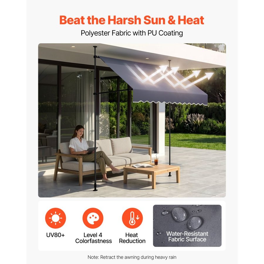 VEVOR Manual Retractable Awning, 200 cm Outdoor Retractable Patio Awning Sunshade Shelter, Height Adjustable Patio Door Window Canopy with Manual Crank Handle for Backyard, Garden, Balcony, Dark Gray