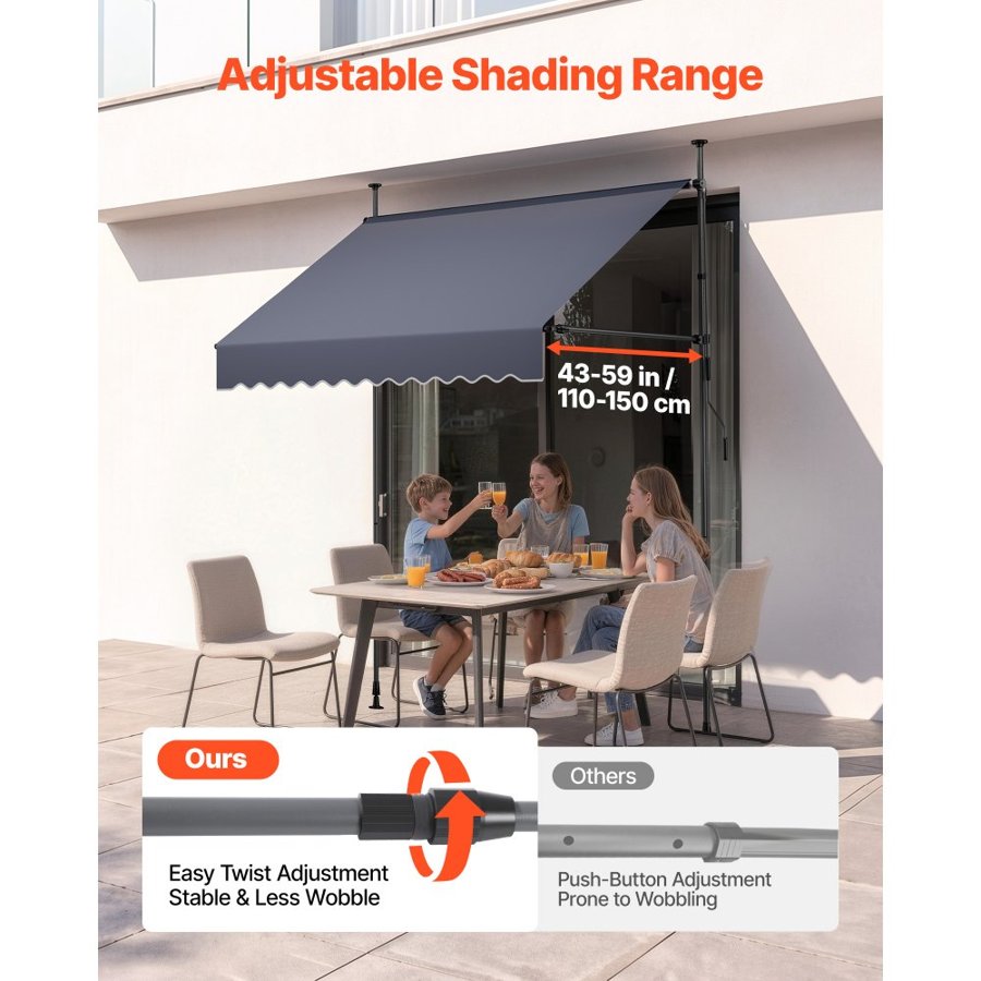 VEVOR Manual Retractable Awning, 200 cm Outdoor Retractable Patio Awning Sunshade Shelter, Height Adjustable Patio Door Window Canopy with Manual Crank Handle for Backyard, Garden, Balcony, Dark Gray