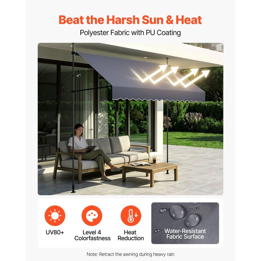 VEVOR Manual Retractable Awning, 250 cm Outdoor Retractable Patio Awning Sunshade Shelter, Height Adjustable Patio Door Window Canopy with Manual Crank Handle for Backyard, Garden, Balcony, Dark Gray