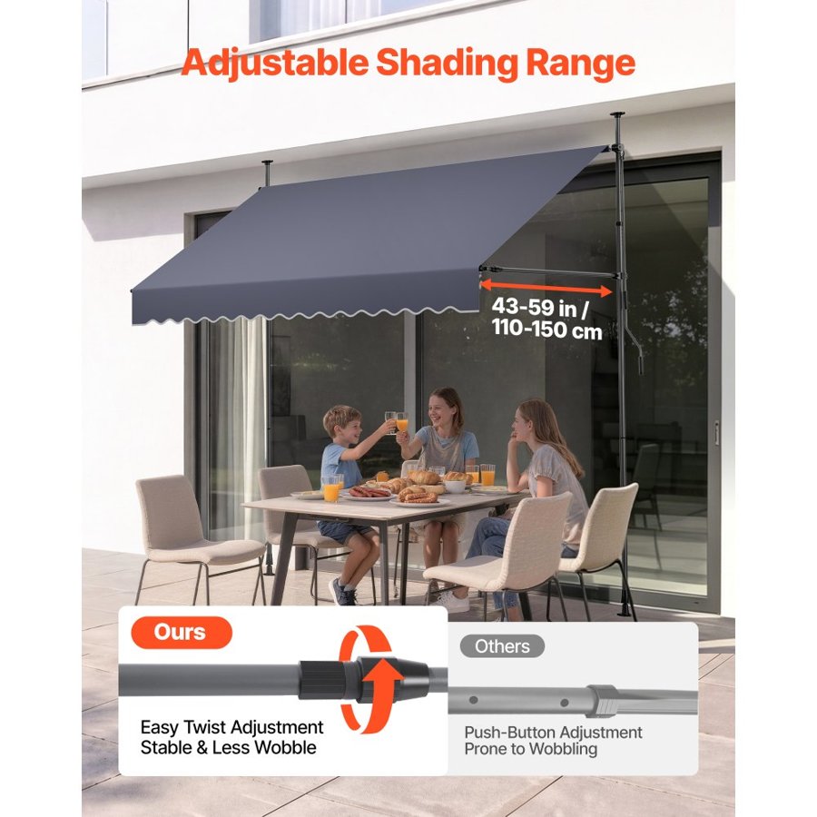 VEVOR Manual Retractable Awning, 250 cm Outdoor Retractable Patio Awning Sunshade Shelter, Height Adjustable Patio Door Window Canopy with Manual Crank Handle for Backyard, Garden, Balcony, Dark Gray