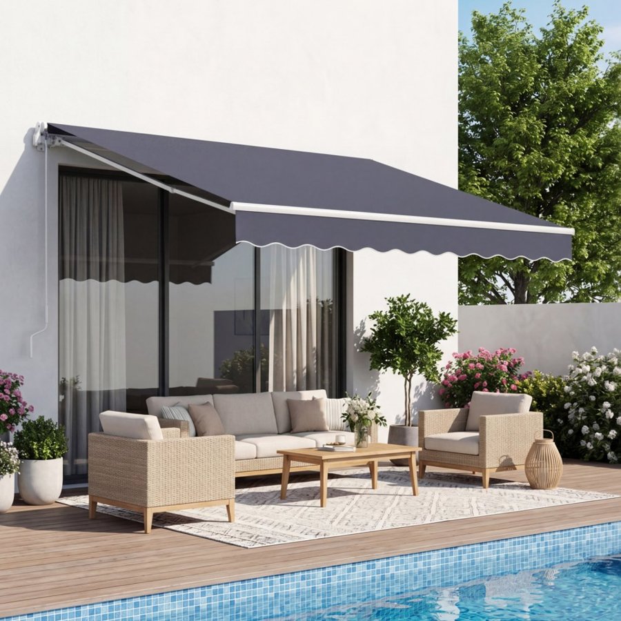 VEVOR Manual Retractable Awning, 300 x 250 cm Outdoor Patio Awning Retractable Sun Shade, Patio Door Window Water-Resistant Polyester Sunshade Shelter with Crank Handle for Deck, Balcony, Yard, Gray