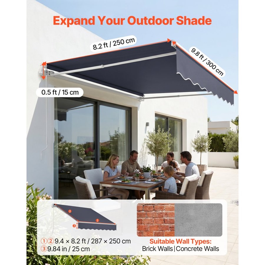 VEVOR Manual Retractable Awning, 300 x 250 cm Outdoor Patio Awning Retractable Sun Shade, Patio Door Window Water-Resistant Polyester Sunshade Shelter with Crank Handle for Deck, Balcony, Yard, Gray