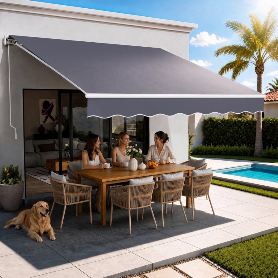 VEVOR Manual Retractable Awning, 350 x 300 cm Outdoor Patio Awning Retractable Sun Shade, Patio Door Window Water-Resistant Polyester Sunshade Shelter with Crank Handle for Deck, Balcony, Yard, Gray
