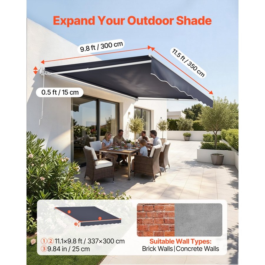 VEVOR Manual Retractable Awning, 350 x 300 cm Outdoor Patio Awning Retractable Sun Shade, Patio Door Window Water-Resistant Polyester Sunshade Shelter with Crank Handle for Deck, Balcony, Yard, Gray