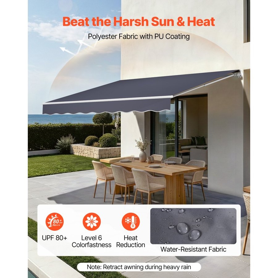VEVOR Manual Retractable Awning, 400 x 300 cm Outdoor Patio Awning Retractable Sun Shade, Patio Door Window Water-Resistant Polyester Sunshade Shelter with Crank Handle for Deck, Balcony, Yard, Gray