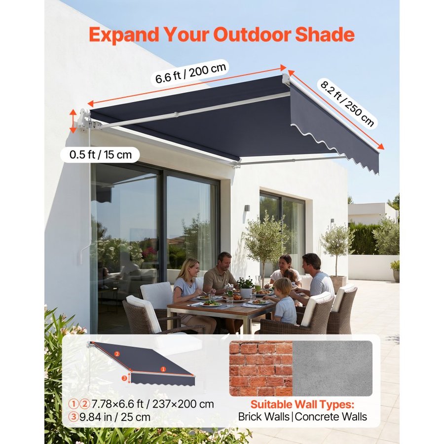 VEVOR Manual Retractable Awning, 250 x 200 cm Outdoor Patio Awning Retractable Sun Shade, Patio Door Window Water-Resistant Polyester Sunshade Shelter with Crank Handle for Deck, Balcony, Yard, Gray