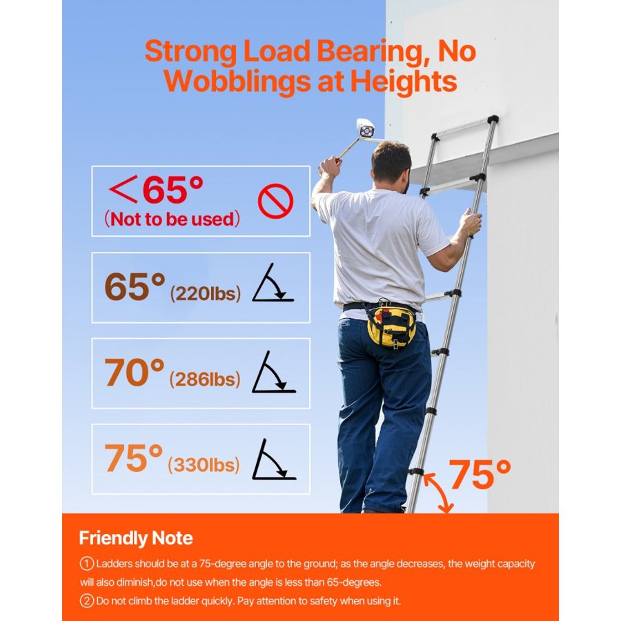 VEVOR Telescoping Ladder, 2540mm Stainless Steel Lightweight Extension Ladder, Multi-Button Retraction Collapsible Ladders, 150 kg Capacity & Non-Slip Feet, Portable 9-Step Ladders for Home RV Loft